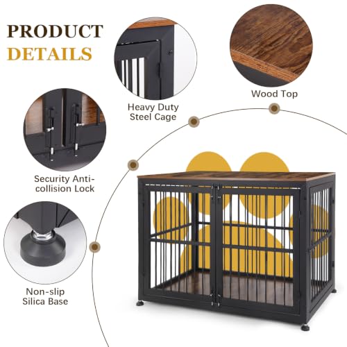 48" Rustic Heavy Duty Dog Crate Furniture for Extra Large Dogs (Black + Rustic Brown / 48.0"L x 30.1"W x 33.9"H)
