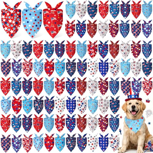 100 Pcs Patriotic Dog Bandanas Bulk 4th of July Bandanas for Dogs Star Triangle Kerchief Bib Scarf Set for Pet Independence Day 250th Anniversary Party Costume (4th of July / 25.6 x 17.7 x 17.7 Inch)