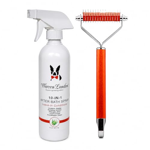 10-in-1 Dog Spray & Rake Brush Combo | Detangles, Softens & Reduces Shedding | 16oz After Bath Spray + Dematting Rake