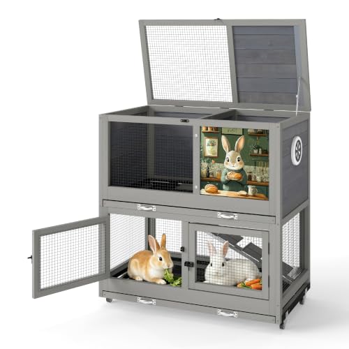 2 Story Wooden Rabbit Hutch for Outdoor & Indoor