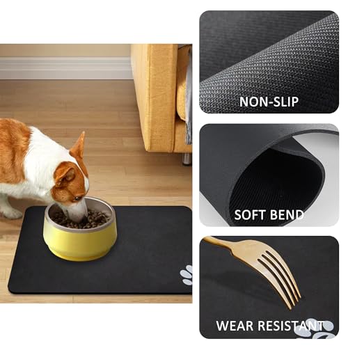 Pet Cat Food Mats (Dark Gray & Footprints Logo / 24"L x 16.9"W)