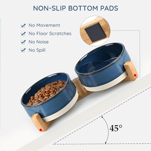 Ceramic Dog and Cat Bowl Set with Wooden Stand (1.7 cups / Pattern Blue × 2)