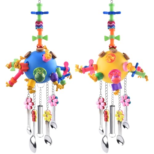 Bird Toys 2PCS Parrot Pull Spoons Colorful Acrylic Stick Chew Toys for Amazon Parrot (Blue + Yellow)