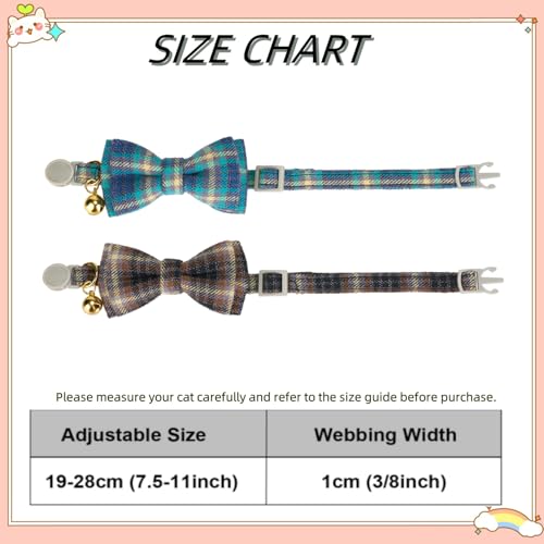 2 Pack Soft Cotton Cat Collars with Bowtie and Bell Breakaway Plaid Cat Kitten Collar (S:Neck 7.0" - 11.0" / Plaid - Ocean Blue+Mocha Tweed)
