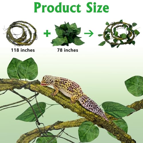 Large Reptile Vines Thick Terrarium Plants 118 Inches Long Flexible Climbing Branch Snake Tank Accessories Greenery Habitat Decor for Bearded Dragon Chameleon Gecko Frog Lizard (Green Reptile Vines (Lengh:118" Dia: 1.2 In))