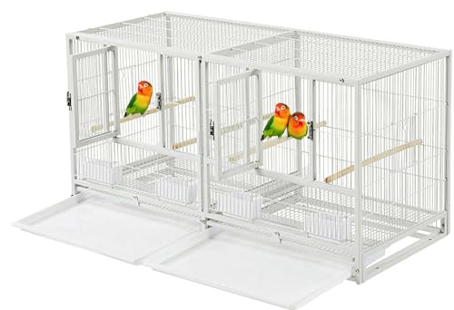 Single Sturdy Wrought Iron Stackable Center Divided Breeder Breeding Bird Flight Double Rolling Cage for Aviaries Canaries Cockatiels Finches Budgies Small Parrots Single Story (White Vein)