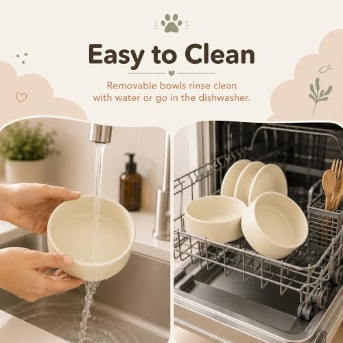 Raised Cat Bowl 5.1” Elevated Ceramic Cat Food and Water Bowl Set (Light Yellow)