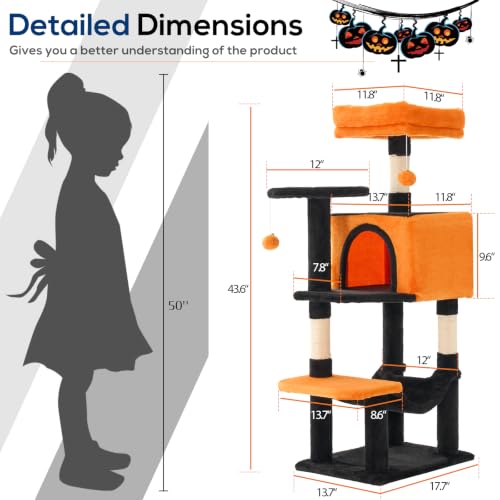 44 Inch Cat Tree Tower with Natural Sisal Scratching Posts (Black & Orange / 44 Inch)