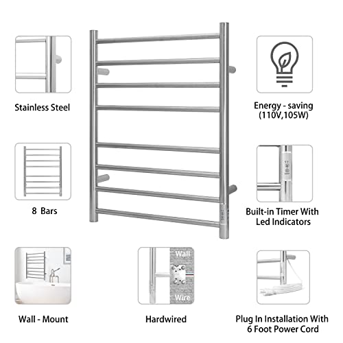 Towel Warmer Wall Mounted with Built (8 Bars / Brushed Nickel)
