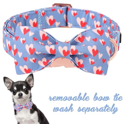 Valentine's Day Dog Collar with Bow Tie Red Blue Pink Heart Love Puppy Collar Best Gothic Style Gift for Small Medium Large Boys Girls (X-Large / love heart-bow)