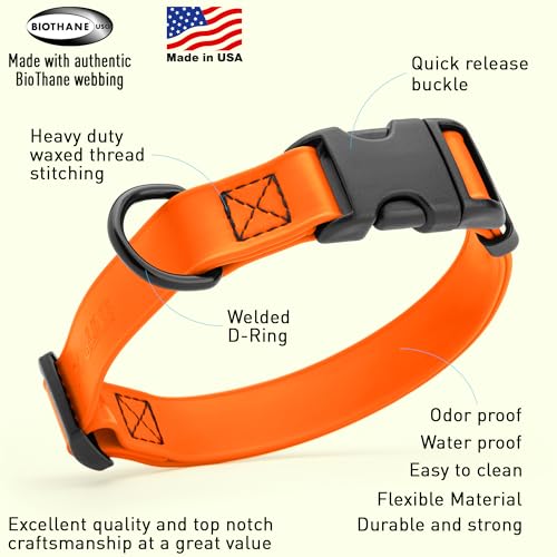 Biothane Waterproof Dog Collar with Quick Release Buckle Strong Coated Nylon Webbing with Odor (1"W by 15-25"L / Hunter Orange)
