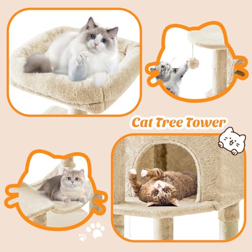 Small 44 Inch Cat Tree Tower with Natural Sisal Scratching Posts (Beige / 43.6"×13.7"×17.7")