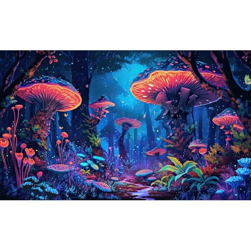 Mushrooms Aquarium Background Fantasy Bright Flowers Butterflies Fish Tank Backdrop Decoration Poster Trippy Wonderland Landscape with Giant Mystical Mushrooms Terrarium Background Decor 30x18in (30(W)x18(H)in / Blue Red)