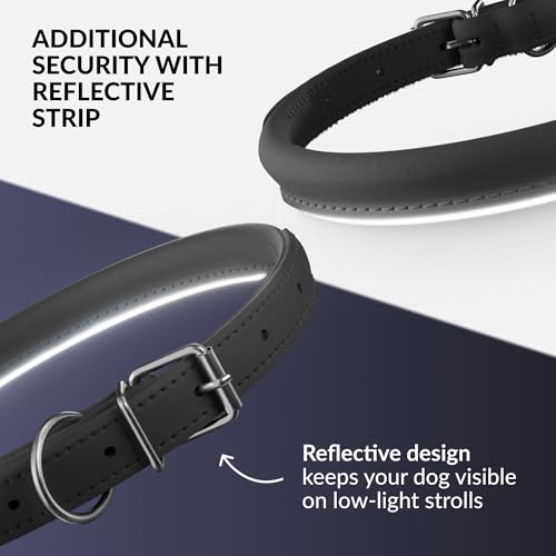 Tangle Free Reflective Leather Dog Collar (Black / XS)