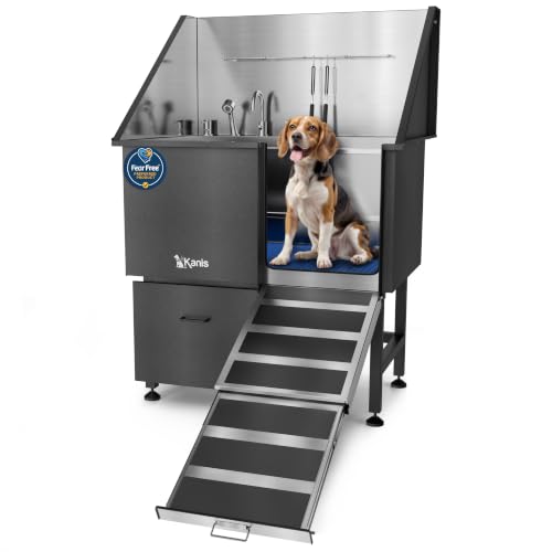 Professional Dog Washing Station 304 Stainless Steel Pet Wash Sink (Black, Right Ramp, 1 Drawer / 40 Inches)