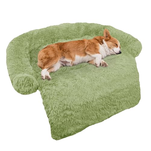 Calming Dog Bed Fluffy Plush Dog Mat for Furniture Protector with Removable Washable Cover for Large Medium Small Dogs and Cats (Grass Green / 41.0"L x 37.0"W x 6.0"Th)