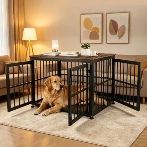 42 Inch Dog Crate Furniture for Large Medium Dogs (Black + Rustic Brown / 42.1"L x 28.2"W x 29.7"H)