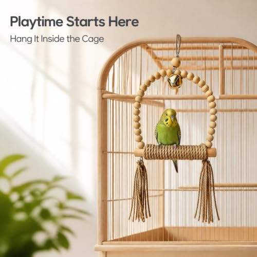 Natural Wood Bird Swing Toy with Hemp Rope Perch for Small Parrots (colorful)