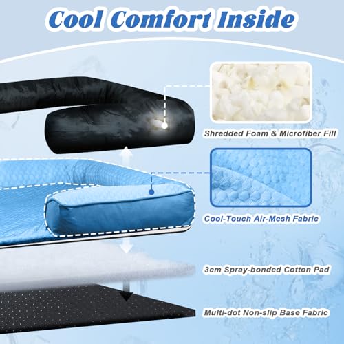 Cooling Dog Bed Mat with Bolster Pillow Washable Dog Couch Cover Breathable Summer Pet Couch Bed Protector Indoor (Cooling Blue / 41.0"L x 37.0"W x 6.0"Th)