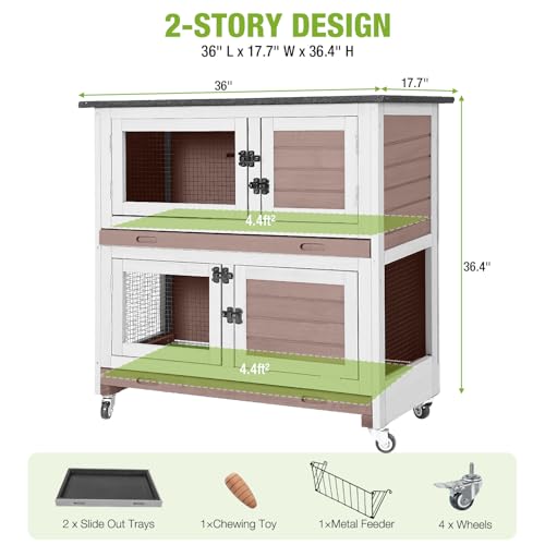 2 Story Rabbit Hutch for 1 (Brown / 36.0"L x 17.7"W x 36.4"H)