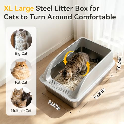 2 Pack XL Stainless Steel Litter Box with High Sides for Large Cat (Light Gray-2Pack)