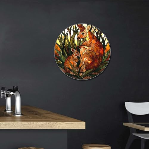 Metal Sign Tin Sign Circular Stained Glass Kangaroo Tin Signs For Garden For Bar 12×12 Inches (12×12 Inches / Kangaroo)