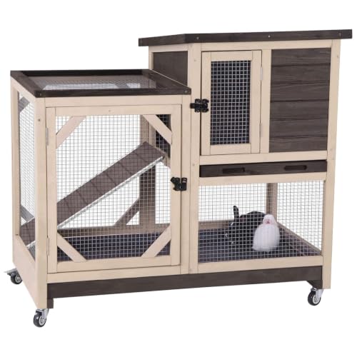Rabbit Cage Indoor Outdoor Bunny Hutch on Wheels (Dark Brown)