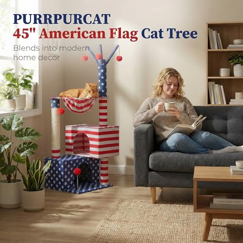 American Flag Cat Tree for Kittens & Senior Cats (Patriotic Red White & Blue / 45 inches)