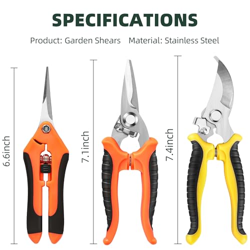 3 Pack Garden Pruning Shears Scissors Clippers Stainless Steel (Yellow Orange)