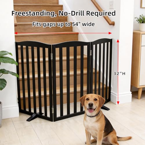 Foldable Freestanding Indoor Dog Gate for House Wood Long Pet Gates Dog Fence for Stairs Puppy Gates for Hallways (Black / 【3 Panels】60''w X 32''h)