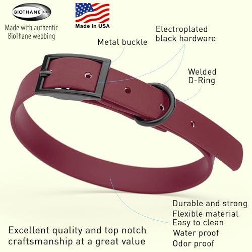 Biothane Waterproof Dog Collar Strong Coated Nylon Webbing with Black Hardware Odor (W5/8" x L12-15" / Merlot Burgundy)
