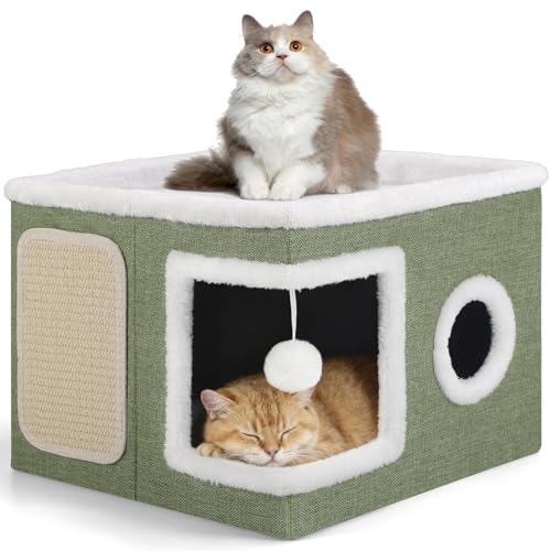 Cat House Bed for Indoor Cats with Fluffy Ball and Scratch Pad Green (Green / Large)
