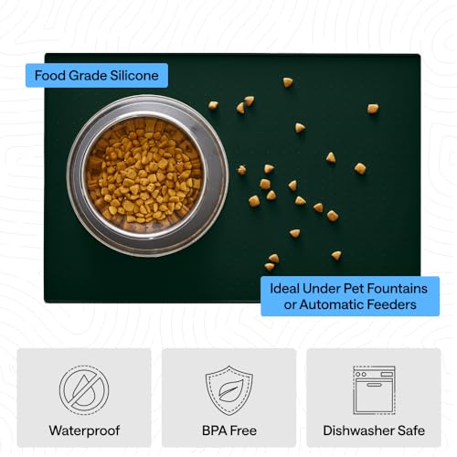 Dog Food Mat 100% Waterproof Silicone (Hunter Green / 18.5"l X 11.5"w)