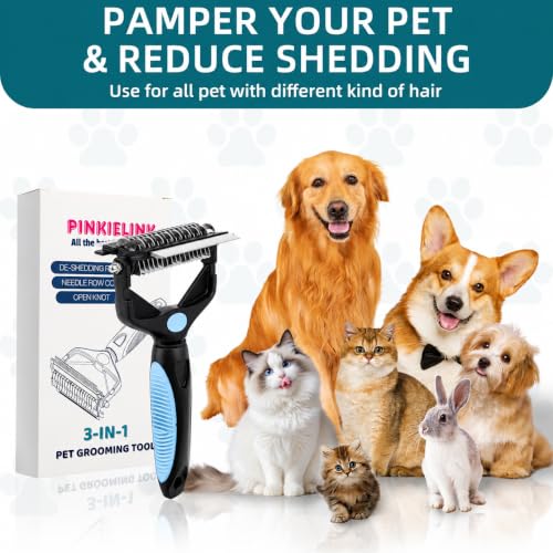3-IN-1 Pet Grooming Tool - Undercoat Rake, Dematting Comb & Deshedding Brush for Cats, Dogs, Horses - Removes Mats, Tangles & Loose Fur, Reduces Shedding & Prevents Hair Mess (Blue) (Blue)