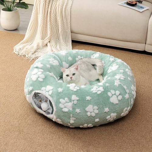 Cute Round Cat Tunnel for Indoor Cats (Green Paw / Round)