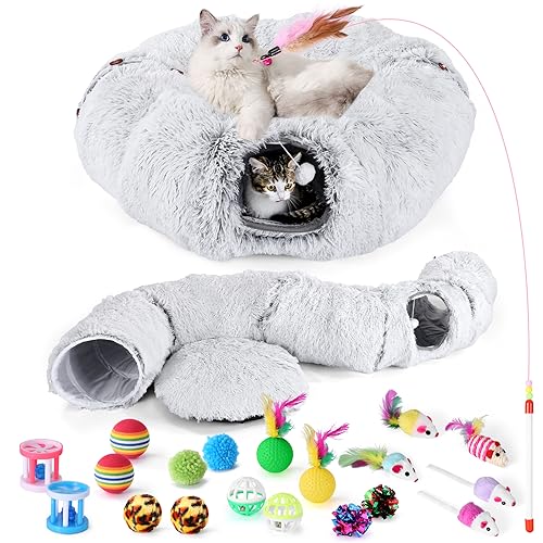 Cat Tunnel Bed with 20 Pcs Interactive Toys (Off-white)