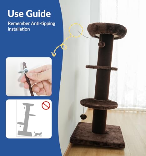 43" Short Plush Cat Scratching Post with Perch & Bed (Chestnut)