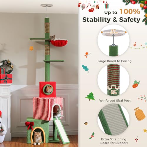 83 108'' Floor to Ceiling Cat Tree for Large Adult Cats (L(82''-108'') / Xmas Red)