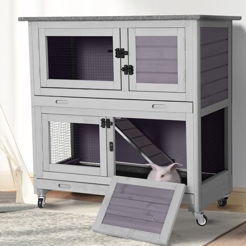 2 Tier Wooden Rabbit Hutch Indoor Bunny House Guinea Pig Cage with Sliding Plastic Trays Wheels for Easy Cleaning Ventilation Design and Mobility (Light Grey)