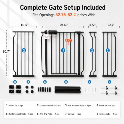 52.76 62.2 Inch Extra Wide Baby Gate Pressure Mounted for Doorways (Black / 52.76"-62.2")