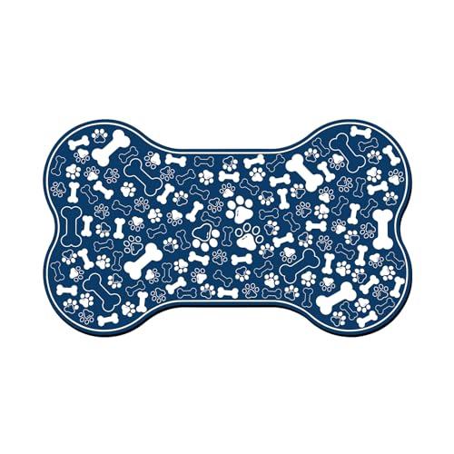 Dog & Cat Food Mat Bone Shaped Pet Feeding Mat Quick Absorb Water Bowl Placemat with Rubber Backing Indoor Floor Stain Resistant Pet Accessory Supplies (Blue / 17"L x 17"W)