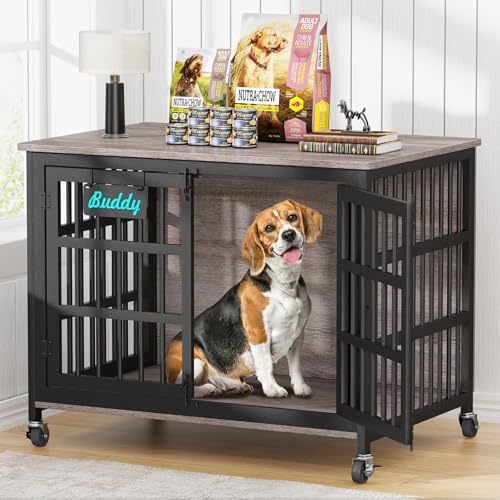 41"/33"/27" Dog Crate Furniture with Name Tag, Heavy Duty Dog Kennel Indoor for Medium Dogs, Double-Doors Sturdy Metal Dog Cage for Anxiety Dog, Decorate House as TV Stand, End Table (40.8"L x 29.3"W x 30.2"H / Grey)