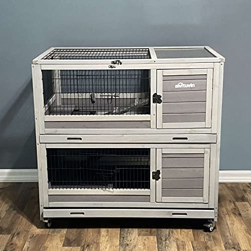 Rabbit Hutch Indoor Outdoor Bunny Hutch Pull Out Tray Guinea Pig Cage with Bottom Wire (Gery)