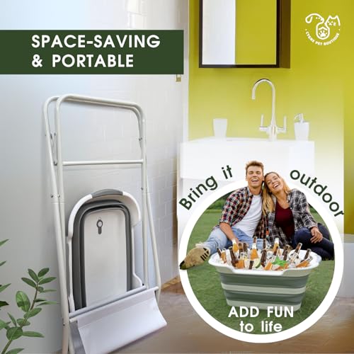 2-in-1 Dog Bathtub & Washing Station, Elevated Collapsible Bathtub with Drainhole & Storage Rack, Foldable Portable Indoor/Outdoor Pet Bathing & Grooming for Small Dogs Cats (Bathtub w Station)