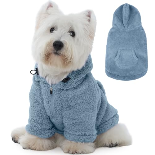 Fuzzy Dog Sweater with Adjustable Hood & Harness Hole (Small / Blue)