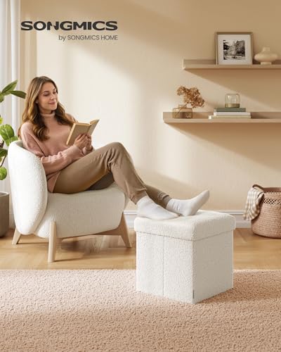 Small Folding Storage Ottoman (Cream White / 15"D x 15"W x 15"H / Cosy)