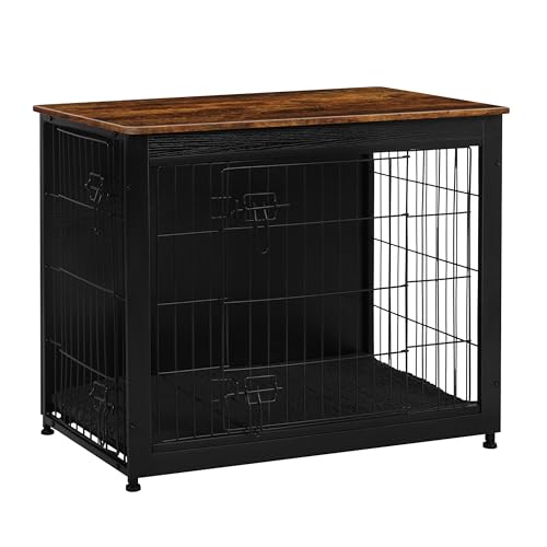 32.5" Dog Crate Furniture with Cushion (Black+Rustic Brown / 32.5"L x 21.9"W x 25.6"H)