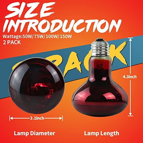 75W Reptile Heat Lamp Bulbs 2 Pack (Infrared Basking Light Bulb / 75 Watts)