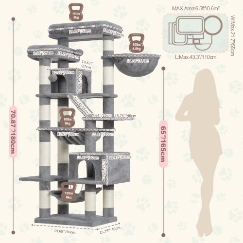 Cat Tree, 71-Inch-Tall Tower for Indoor Cats with 2 Perches HCT034W (Light Gray / 71 inch)