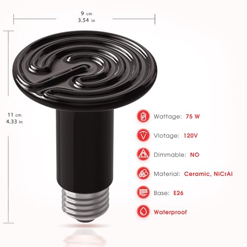 Ceramic Heat Emitter for Reptiles 75W Heat Lamp Bulbs 2 Pack